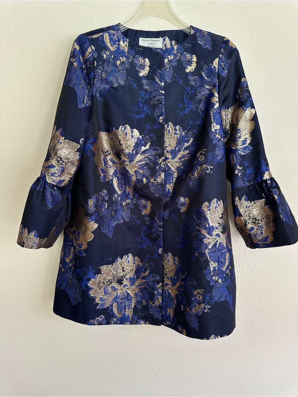 Helene Berman NWT Anthrpologie Navy & Metallic Gold Floral Jacquard Coat size 10